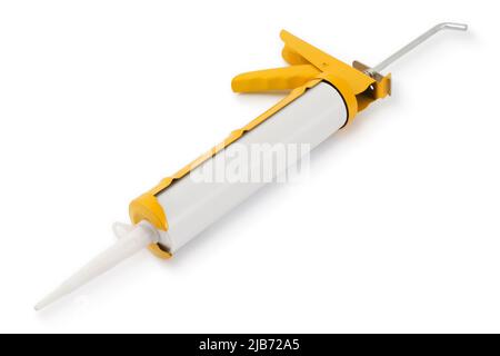 Silicone sealant gun, tool for construction or industrial works, colored in yellow isolated on white background.. Stock Photo