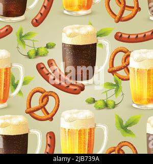 Glass mugs of lager and dark beer hop pretzel and sausage seamless pattern vector illustration Stock Vector
