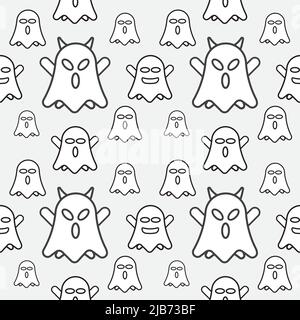 Cute white ghost seamless pattern design template. Black outline design style in Light Grey color background. Flat character vector illustration. Stock Vector