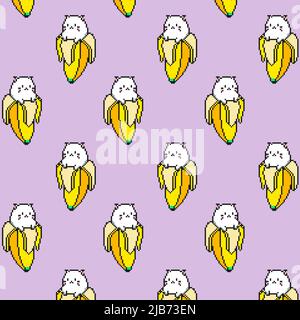 Summer funny pattern with cat. 8 bit cute white kitten on peeled banana. Cartoon design animal character 8 bit pixel vector style. Baby texture for Stock Vector