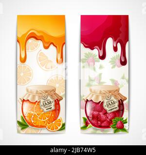 Natural organic orange and raspberry berries jam glass jar vertical banners isolated vector illustration Stock Vector