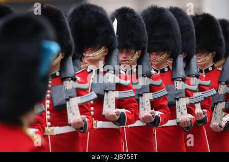 London, UK. 03rd June, 2022. Coldstream Guards attend The Service of Thanksgiving at St. Paul's Cathedral to celebrate the Platinum Jubilee of Queen Elizabeth II. Most senior members of the royal family are present but unfortunately Queen Elizabeth II is unable to attend and Prince Andrew pulled out because of testing positive for Coronavirus. Credit: Paul Marriott/Alamy Live News Stock Photo