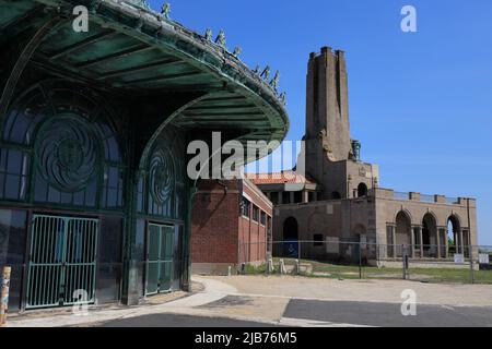 The Carousel House with old steam heating plant in the background.Asbury Park.New Jersey.USA Stock Photo