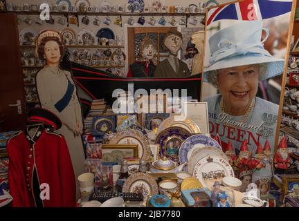 London, UK. 3rd June, 2022. Pictures, cutouts and commemorative items of the Queen adorn the Jubilee room at the home of Royal enthusiast MARGARET TYLER in Wembley, London, UK. Queen Elizabeth II's Platinum Jubilee marks 70 years of the monarch on the throne. (Credit Image: © Elizabeth Dalziel/ZUMA Press Wire) Stock Photo