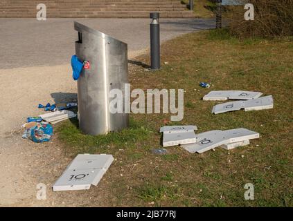 Zurich, Switzerland - March 26th 2022: Littering with pizza boxes in Irchelpark. Stock Photo