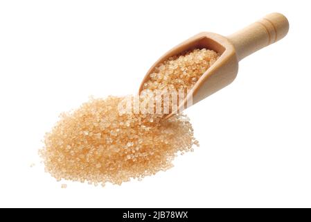 Food ingredients: heap of cane sugar demerara in a wooden scoop, isolated on white background Stock Photo