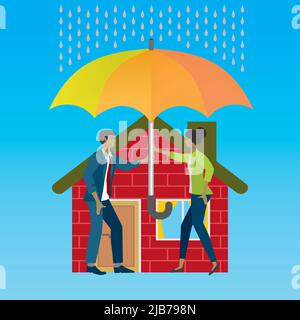 Couple protecting house with umbrella. Square design. Vector illustration Stock Vector