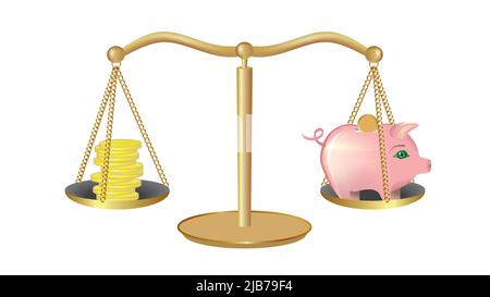 Weight scale with money on one side and piggy bank, coin bank on the other. Isolated on white background. Vector illustration. Stock Vector