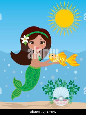 Lovely mermaid holding gold fish. In the sanda shell with a pearl. Vector illustration. Stock Vector