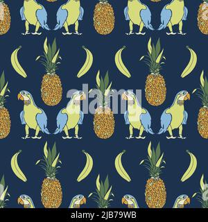 Vector seamless pattern with parrots and exotic fruits. Fancy design with pineapples and bananans. Stock Vector