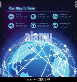 Network globe blue sphere earth map travel background with transport icons vector illustration Stock Vector