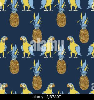 Vector seamless pattern with parrots and pineapples. Fancy design with ara. Stock Vector