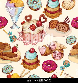 Food sweets bakery pastry ice cream and candies sketch colored seamless pattern vector illustration Stock Vector