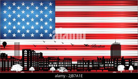 Boston city skyline with flag of USA on background - illustration,  Shiny Grunge flag of the USA Stock Vector