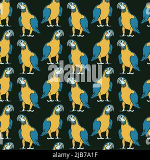 Vector seamless pattern with vivid parrots on dark background. Design with ara. Stock Vector
