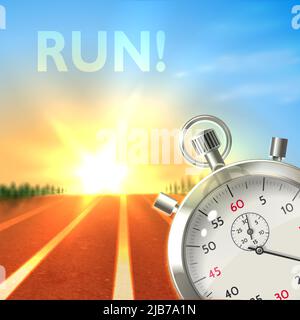 Realistic metallic stopwatch and running track sport poster illustration Stock Vector