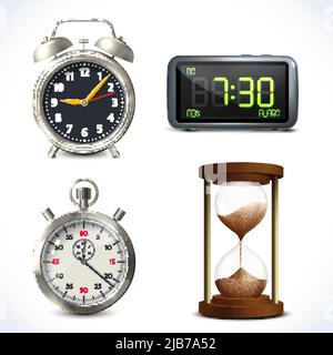 Realistic clock set of  retro stopwatch digital sand watch isolated vector illustration Stock Vector