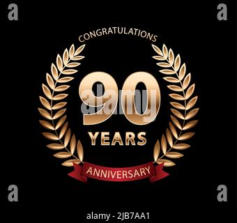 90 years anniversary golden laurel wreath. Anniversary celebration logo. Vector illustration Editable Stock Vector