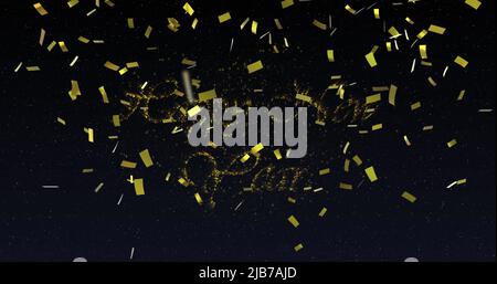 Image of happy new year text in gold with new year fireworks and gold confetti in night sky Stock Photo