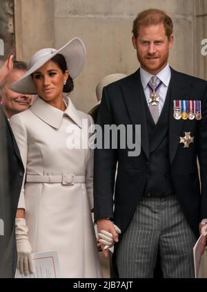 Prince Harry and Meghan the Countess of Sussex attend a service of Thanksgiving for the Queen's Platinum Jubilee at St Pauls Cathedral Stock Photo