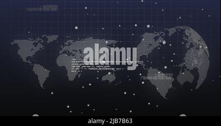 Image of dots and data processing over world map and rotating globe on navy background Stock Photo