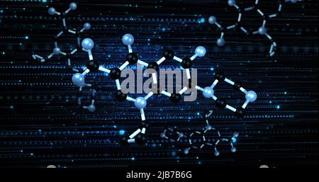 Image of molecules rotating on blue and black background Stock Photo