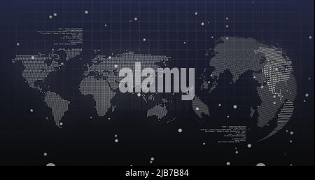 Image of dots and data processing over world map and rotating globe on navy background Stock Photo