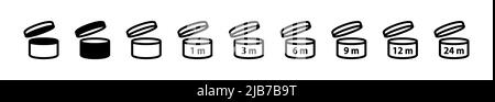 Expiration date after product opening symbols. Shelf life sign for label of product. Period 1, 3, 6, 9, 12, 24 mounts shelf life. PAO symbols set. Stock Vector