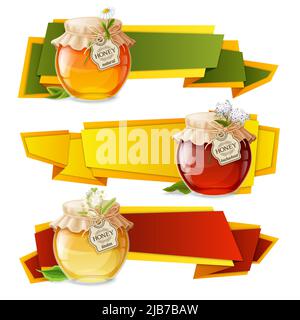 Natural sweet golden organic honey in glass jar origami horizontal banners set isolated vector illustration Stock Vector