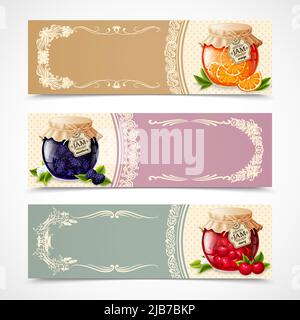 Natural organic orange blackberry and cherry jam in glass jar horizontal banners set isolated vector illustration Stock Vector