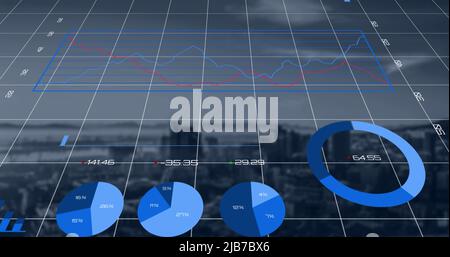 Financial data processing against cityscape Stock Photo