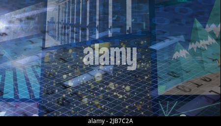 Image of networks of connections, binary coding and data processing on screens Stock Photo
