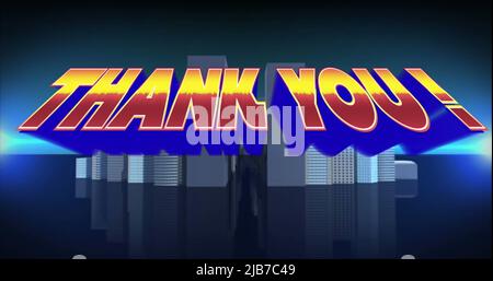Image of thank you text over cityscape on blue background Stock Photo