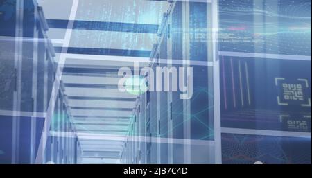 Image of computer servers and data processing on screens Stock Photo