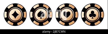 Poker chips gold icons vector set. Playing poker concept. Isolated Casino poker chip logo. Poker symbols. Vector illustration. Stock Vector