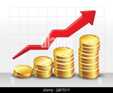 Realistic 3d dollar cash money coins stack with arrow on squared background vector illustration. Stock Vector