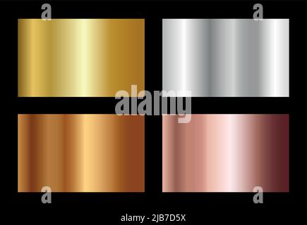 Set of gold silver and bronze gradients. Gold, silver, bronze, copper foil gradation background set. Vector metalic gradient collection. Stock Vector