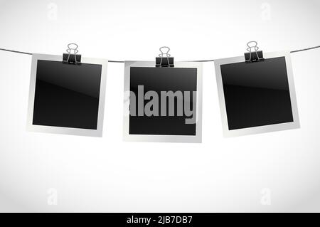 Photo frames retro instant picture black cards on rope with paper clips vector illustration. Stock Vector