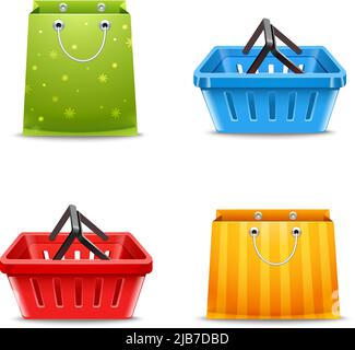 Shopping baskets and paper gift bags decorative set isolated vector illustration Stock Vector