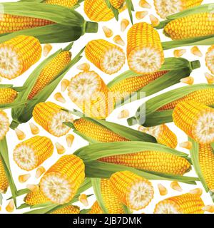 Vegetable organic food realistic yellow corn stalk seamless pattern vector illustration. Stock Vector