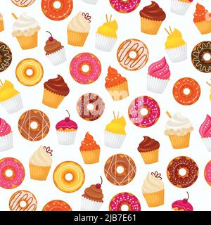 Sweet and tasty food dessert donut and cupcakes seamless pattern vector illustration Stock Vector