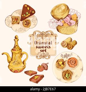 Oriental arabian turkish pastry colored sweet dessert sketch set isolated vector illustration. Stock Vector