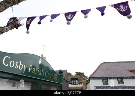 UK. 03rd June, 2022. COSBY, LEICESTER, ENGLAND. JUNE 3RD 2022. Bunting with the Crown insignia is seen during the Queen Elizabeth II Platinum Jubilee Celebrations in Cosby, Leicester. Credit: james holyoak/Alamy Live News Stock Photo