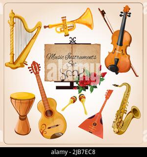 Classical chamber orchestra ensemble instruments harp violin horn icons composition advertisement poster color sketch isolated vector illustration Stock Vector