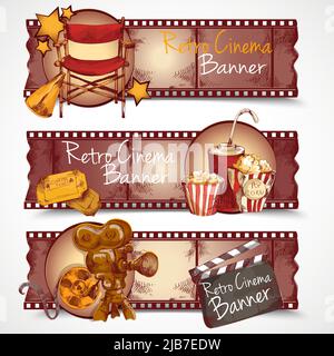 Cinema entertainment media hand drawn retro banners isolated vector illustration Stock Vector