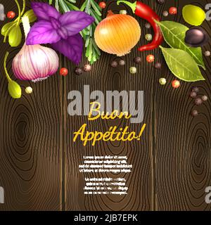 Herbs and spices on dark wooden background with Enjoy your meal title vector illustration Stock Vector