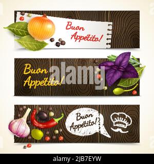 Herbs and spices culinary ingredients banners with Enjoy your meal title horizontal isolated vector illustration Stock Vector