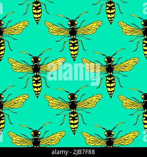 Seamless pattern with colorful wasps summer, isolated on bright turquoise background. Decorative cartoon insect stylish texture Stock Vector