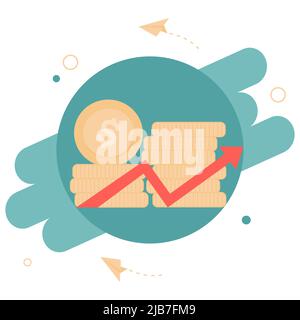 Increasing piles of coins dollars with going up graph. Concept for financial growth. Flat design vector illustration Stock Vector