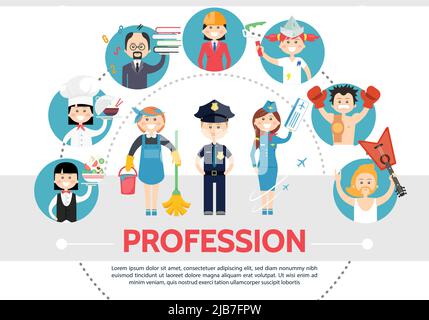 Flat professional workers concept with waitress chef teacher engineer painter sportsman musician maid policeman stewardess isolated vector illustratio Stock Vector
